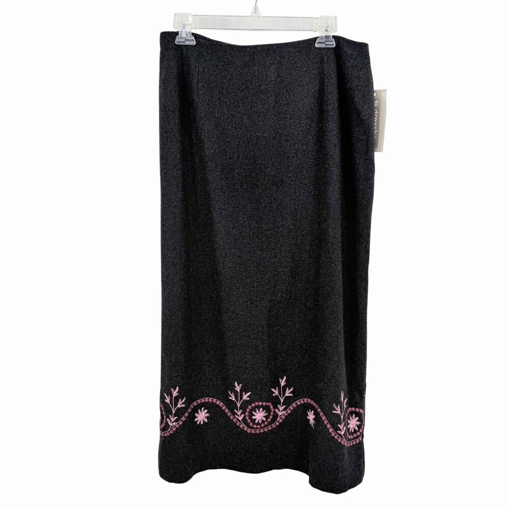 NWT GRAY DRESSBARN A-LINE LONG SKIRT W/ EMBROIDERED FLORAL DESIGN - 12